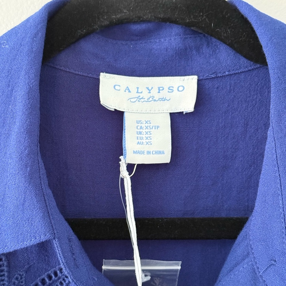 Calypso St. Barth Embroidered Blue Sleeveless Midi Shirt Dress - Picture 3 of 11